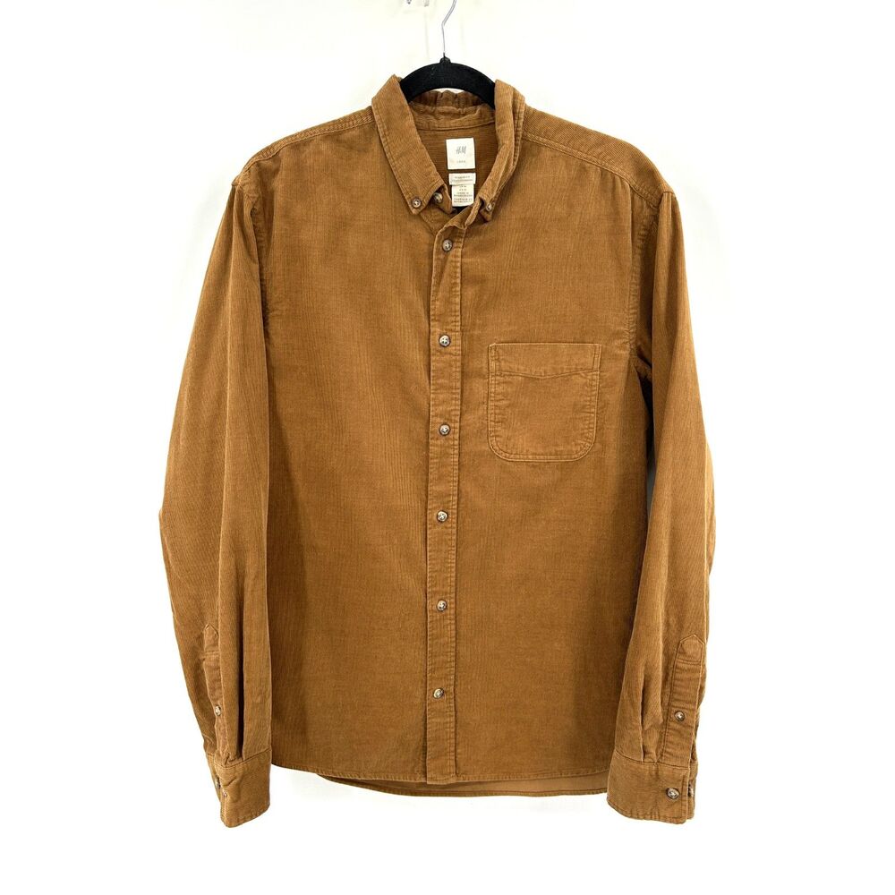 H&M Men's Regular Fit Corduroy Button Down Shirt Camel Brown Chest Pocket Medium